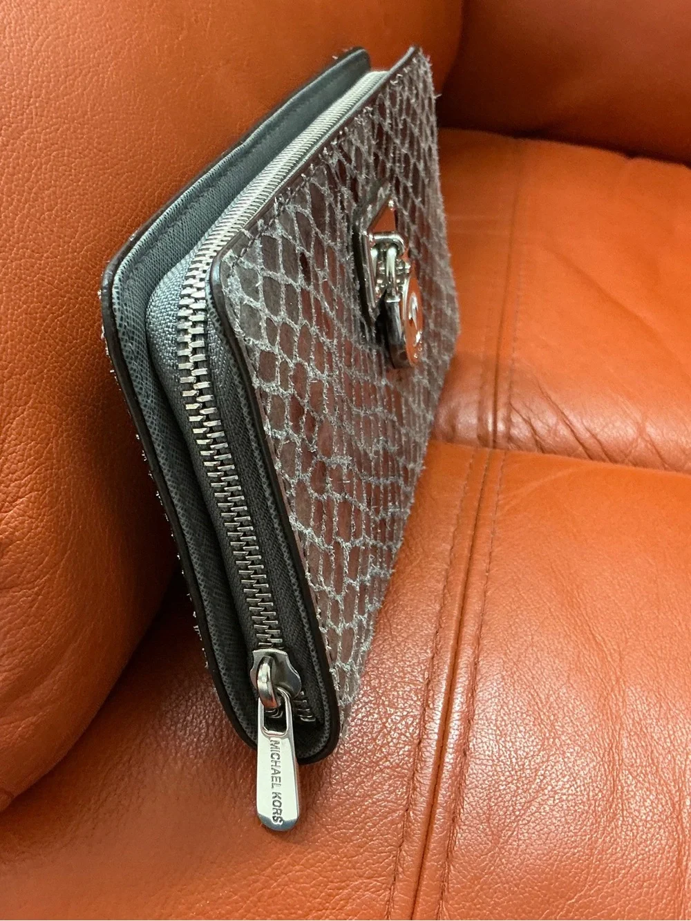 Michael Kors Black and Silver Snake-Print Clutch with MK Turn-Lock